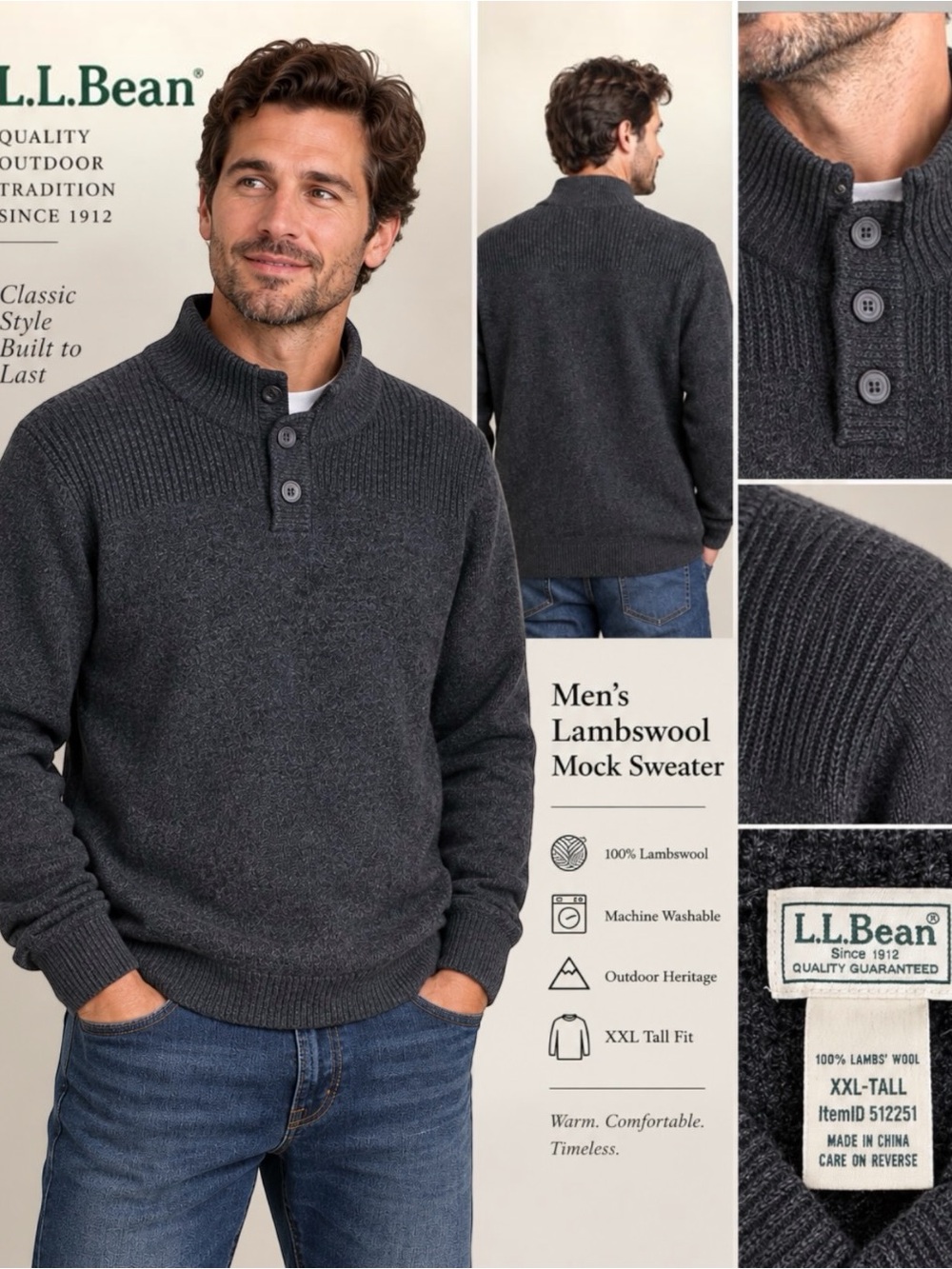 NWT L.L.Bean XXL Tall Lambswool Sweater Charcoal Heather Mock Neck Henley $149